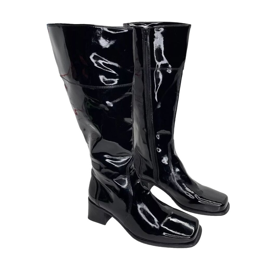 LA CANADIENNE Tall Black Patent Leather Boots Sz 8 Knee High Square Toe